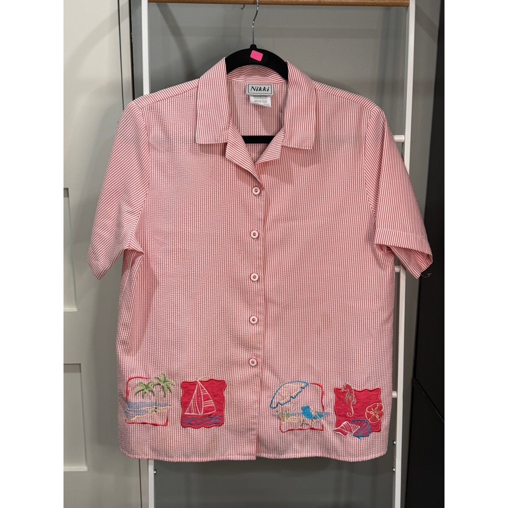 Nikki Vintage Red White Seersucker Striped Beach Embroidered Button Shirt M 80s